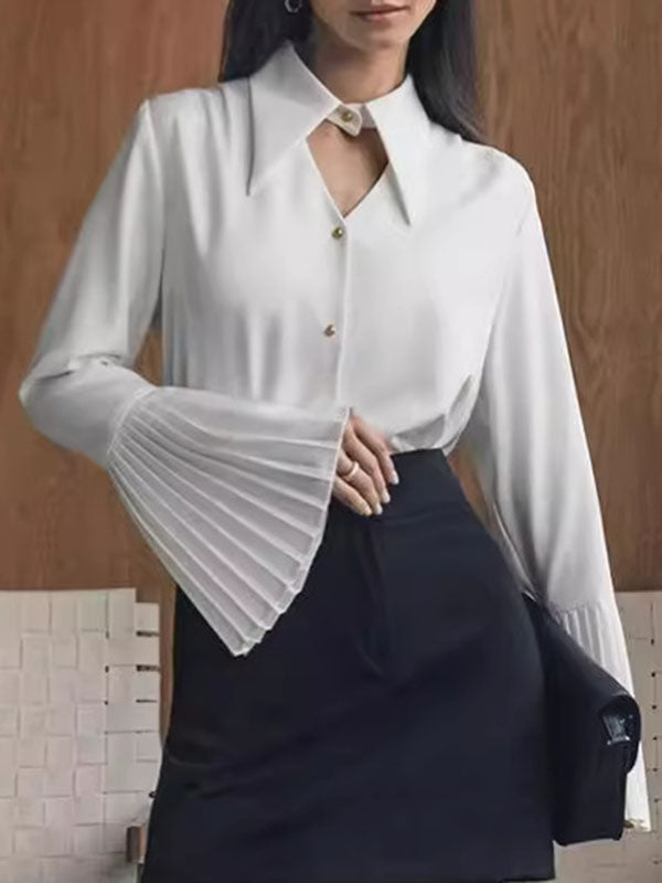 Buttoned Hollow Pleated Split-Joint Flared Sleeves Long Sleeves Lapel Blouses&Shirts Tops