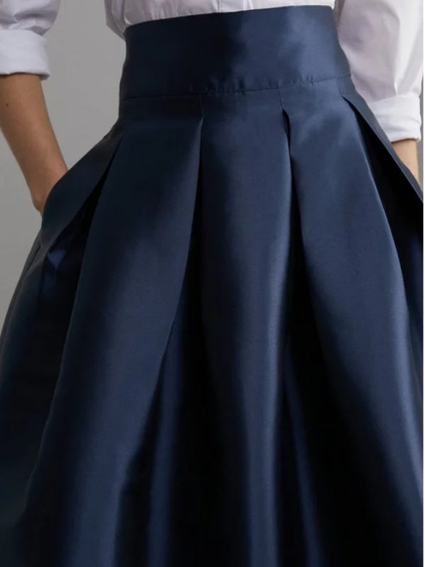 Pleated Solid Color Zipper A-line High Waisted Skirts Bottoms