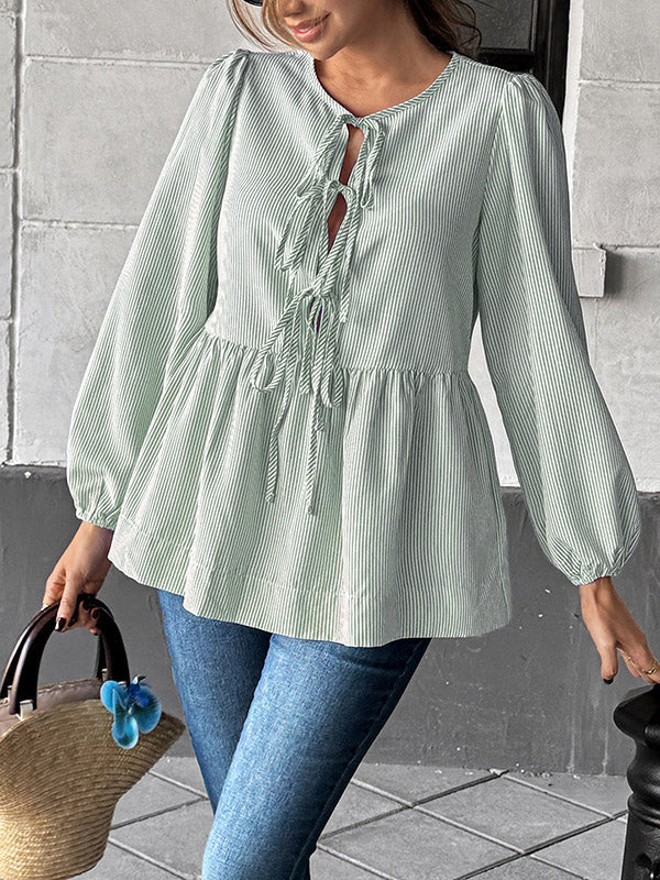 Elasticity Pleated Striped Tied Long Sleeves Loose Round-Neck Blouses&Shirts Tops