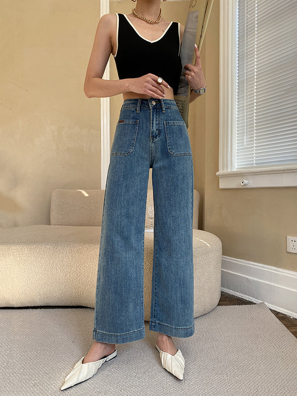 Casual High Waisted Wide Leg Solid Color Jean Pants Bottoms