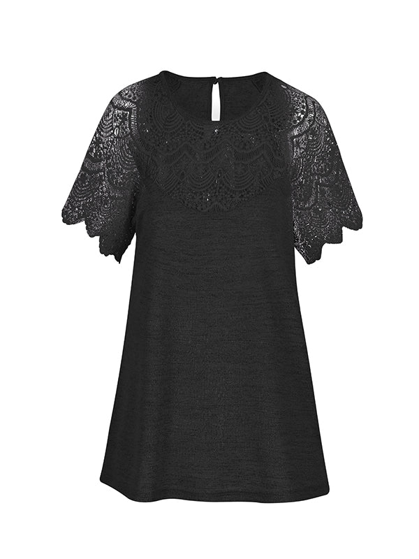 Hollow Solid Color Split-Joint Loose Short Sleeves Round-Neck T-Shirts Tops