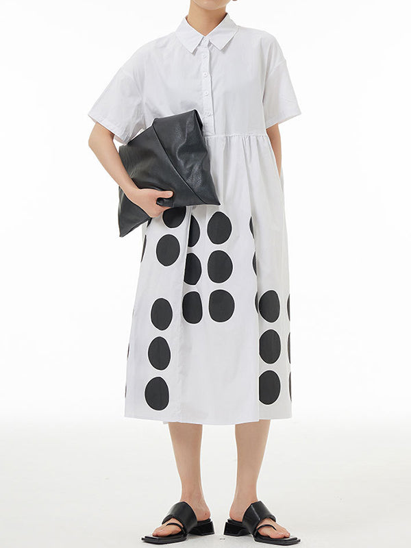 Contrast Color Pleated Split-Joint Loose Short Sleeves Lapel Shirt Dress Midi Dresses