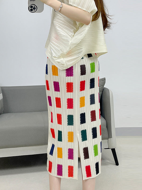 Elasticity Pleated Printed Split-back Split-Joint High Waisted Loose Skirts