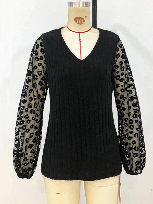 Elasticity Leopard Mesh Split-Joint Long Sleeves Loose V-Neck T-Shirts Tops