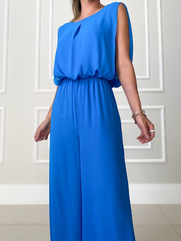 Backless Hollow Solid Color High-Low Wide Leg Round-Neck Jumpsuits Bottoms