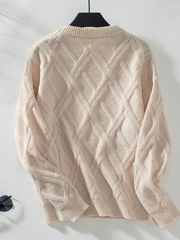 Solid Color Split-Joint Long Sleeves Loose Round-Neck Sweater Tops Pullovers