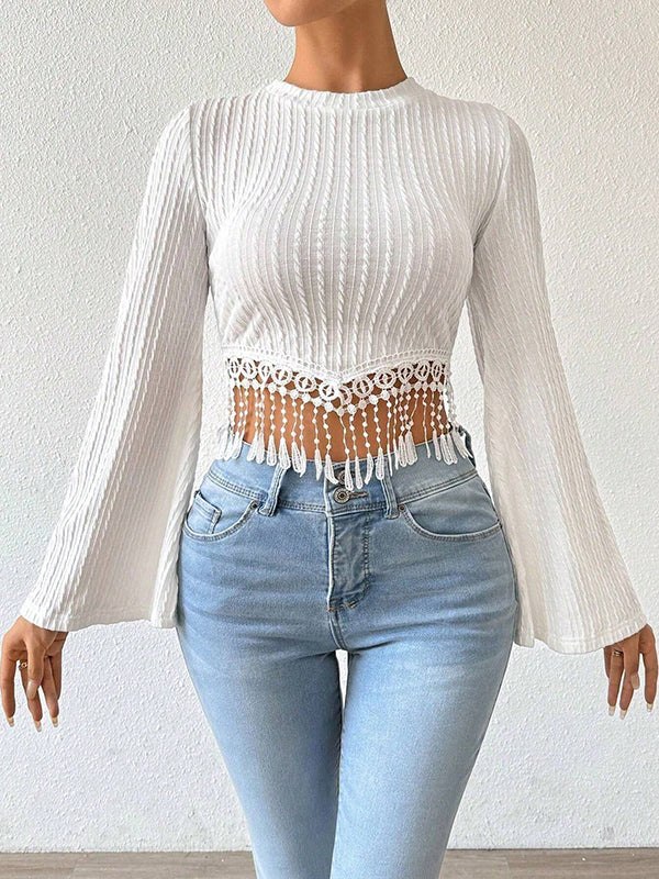 Solid Color Split-Joint Tasseled Flared Sleeves Long Sleeves Round-neck T-Shirts Tops