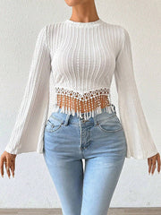 Solid Color Split-Joint Tasseled Flared Sleeves Long Sleeves Round-neck T-Shirts Tops