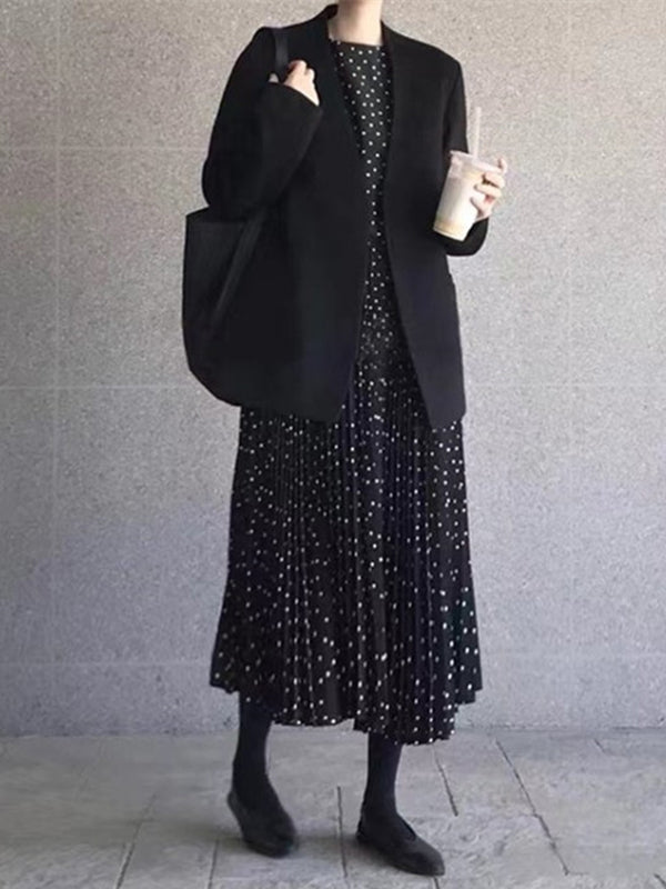 Elasticity Pleated Polka-Dot Split-Joint Long Sleeves Loose Round-Neck Midi Dresses