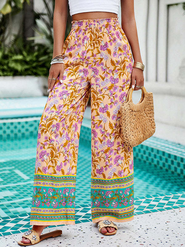 Elasticity Flower Print Pleated Pockets High Waisted Loose Trousers Pants