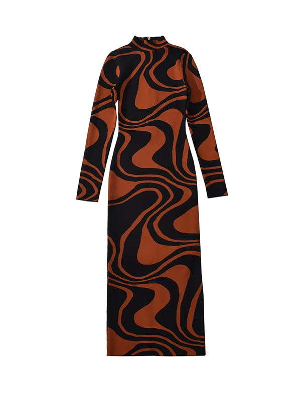 Contrast Color Printed Split-Back Split-Joint Zipper Long Sleeves Skinny High Neck Midi Dresses