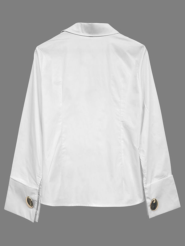Buttoned Solid Color Long Sleeves Loose Lapel Blouses&Shirts Tops