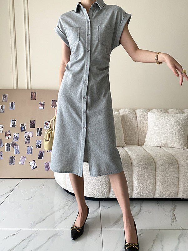 Buttoned Pleated Pockets Solid Color Split-Joint High Waisted Loose Lapel Midi Dresses