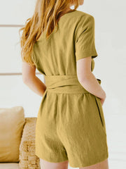 Solid Color Split-Joint Tied Waist Loose Plus Size Round-Neck Rompers