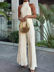 Asymmetric Backless Pleated Solid Color Sleeveless Halter-Neck Vest Top