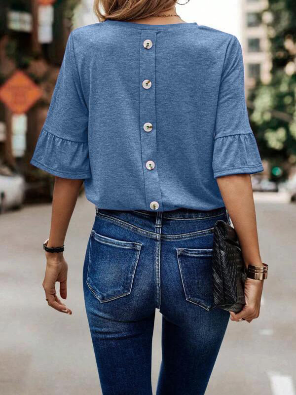 Asymmetric Buttoned Solid Color Split-Joint Ruffle Sleeves Round-Neck T-Shirts Tops