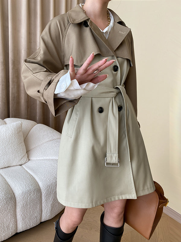 Buttoned Contrast Color Split-Joint Tied Waist Long Sleeves Loose Lapel Trench Coats
