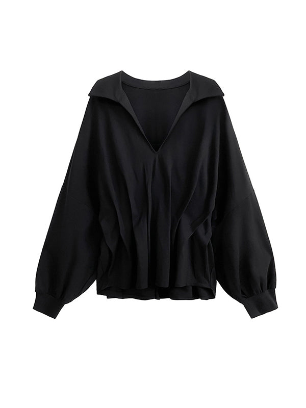 Pleated Solid Color Batwing Sleeves Long Sleeves Deep V-Neck Blouses&Shirts Tops