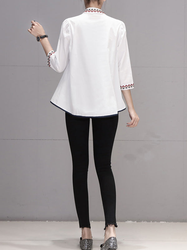 Buttoned Embroidered Loose Three-Quarter Sleeves Stand Collar Blouses&Shirts Tops