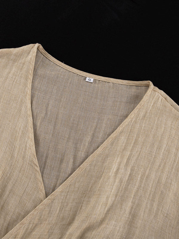 See-Through Solid Color Split-Side Tied Waist Loose Three-Quarter Sleeves V-Neck Midi Dresses