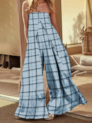 Elasticity Plaid Split-Joint Loose Sleeveless Off-The-Shoulder Jumpsuits