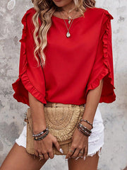 Pleated Ruffled Solid Color Split-Joint Loose Three-quarter Sleeves Round-neck Blouses&shirts Tops