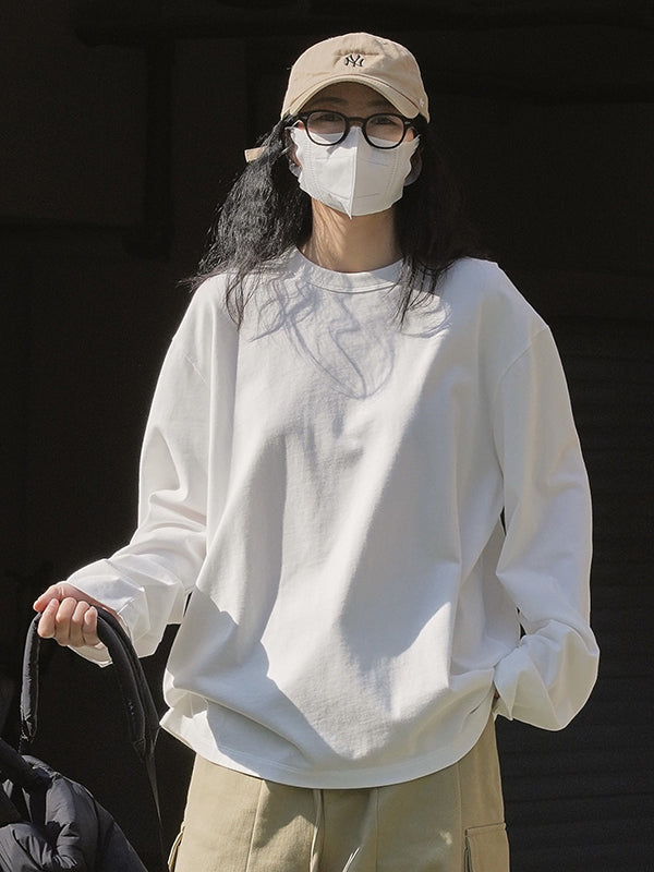 Casual Long Sleeves Loose Solid Color Round-Neck T-Shirts Tops