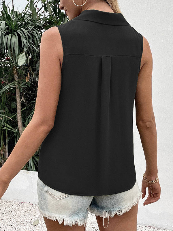 Buttoned Solid Color Split-Joint Loose Sleeveless V-neck Vest Top