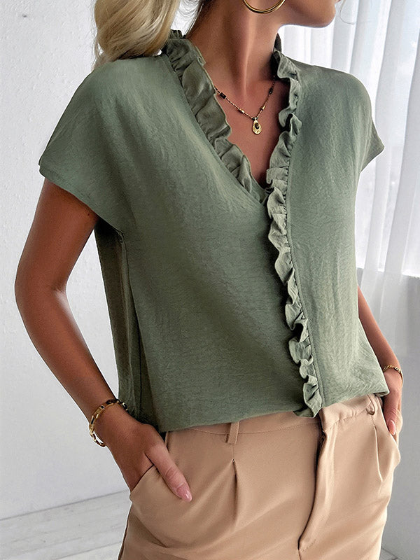 Ruffle Trim Solid Color Loose Short Sleeves V-Neck Blouses&Shirts Tops