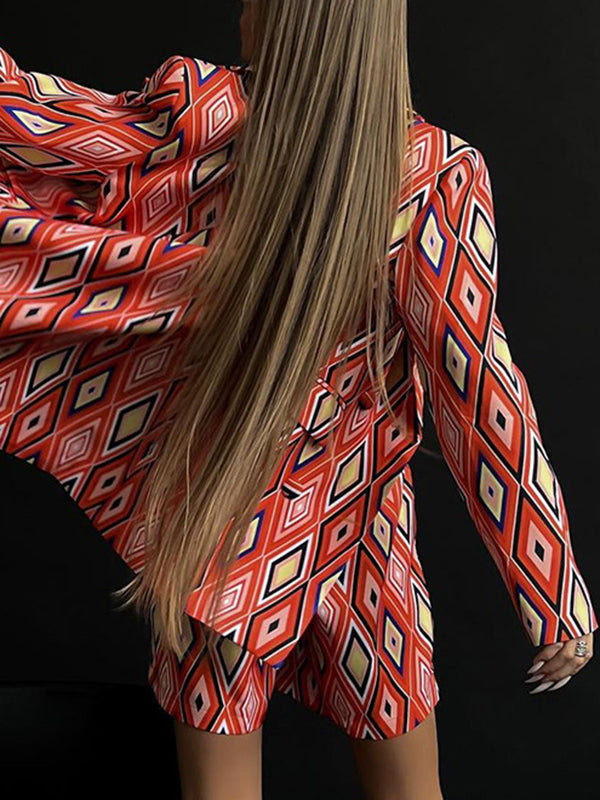 Notched Collar Long Sleeves Loose Buttoned Pockets Printed Blazer Top + Shorts Bottom Two Pieces Set