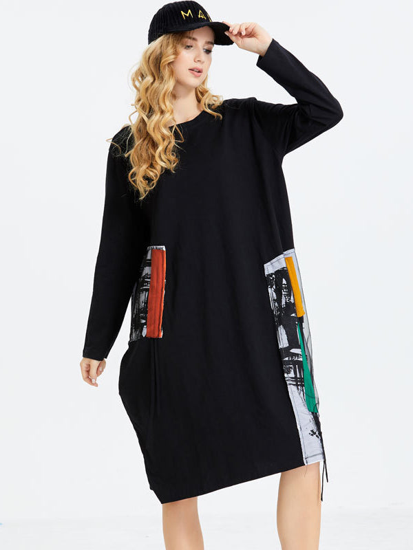 Original Split-Joint Contrast Color Long Sleeve Midi Dress