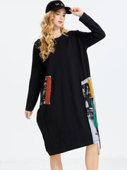 Original Split-Joint Contrast Color Long Sleeve Midi Dress
