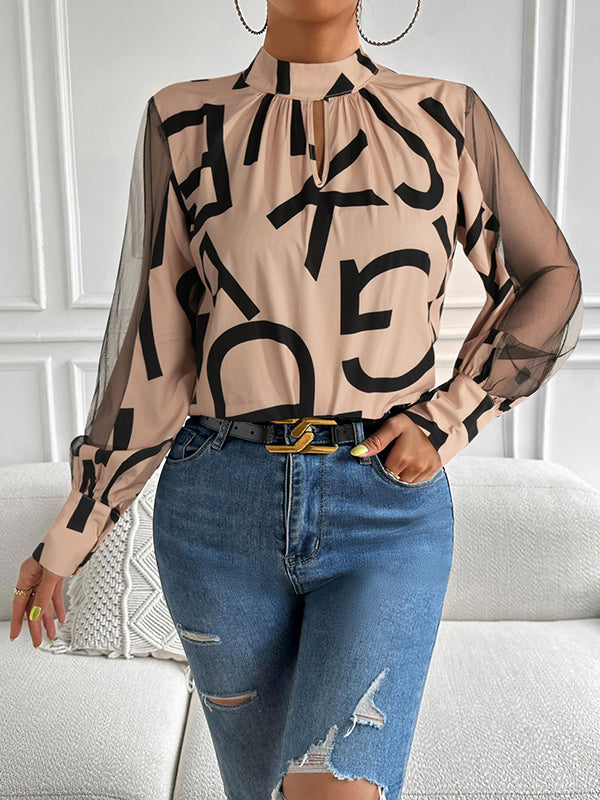 Hollow Letter Print Mesh See-Through Long Sleeves Round-neck Shirts Tops Blouses&shirts Tops