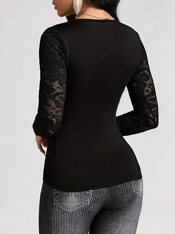 Pleated Solid Color Split-Joint Long Sleeves Skinny Deep V-Neck T-Shirts Tops