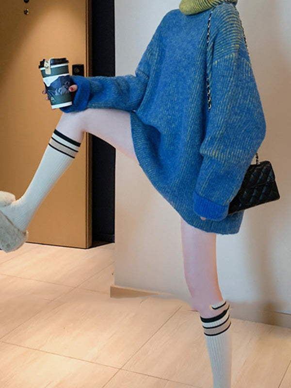 Original Loose Contrast Color High-Neck Long Sleeves Sweater Tops