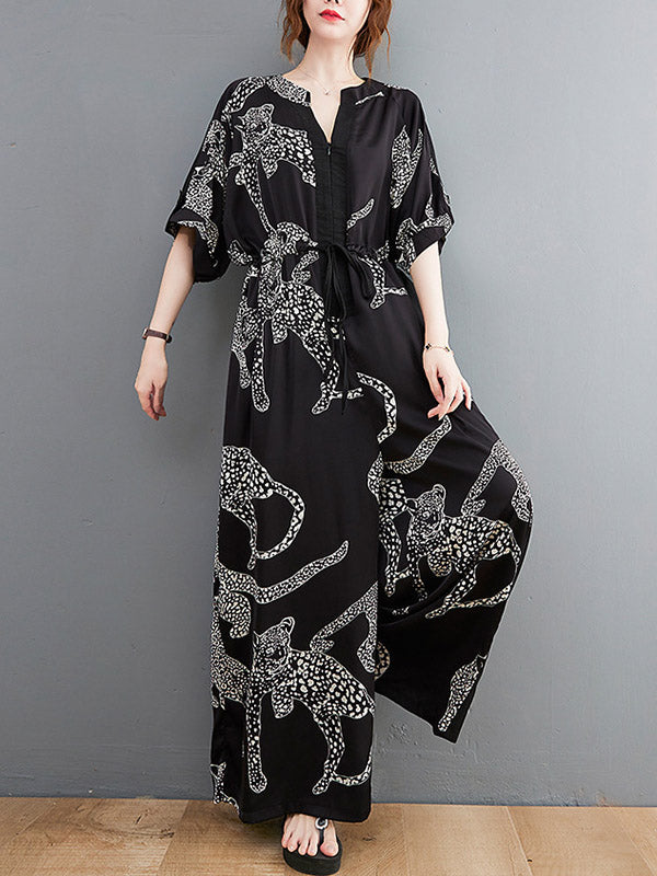 Vintage Original Floral Leopard Printed Split-Joint Tied V-Neck Half Sleeves Wide Leg Jumpsuits