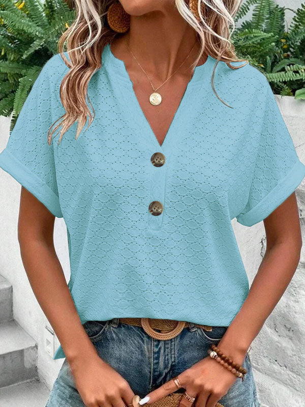 Buttoned Jacquard Split-Joint Loose Plus Size V-Neck T-Shirts Tops
