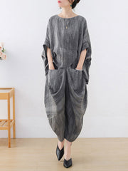 Vintage Linen Loose Split-Joint Round-Neck Batwing Sleeves T-Shirt+Elasticity Wide Leg Pants 2 Pieces Set