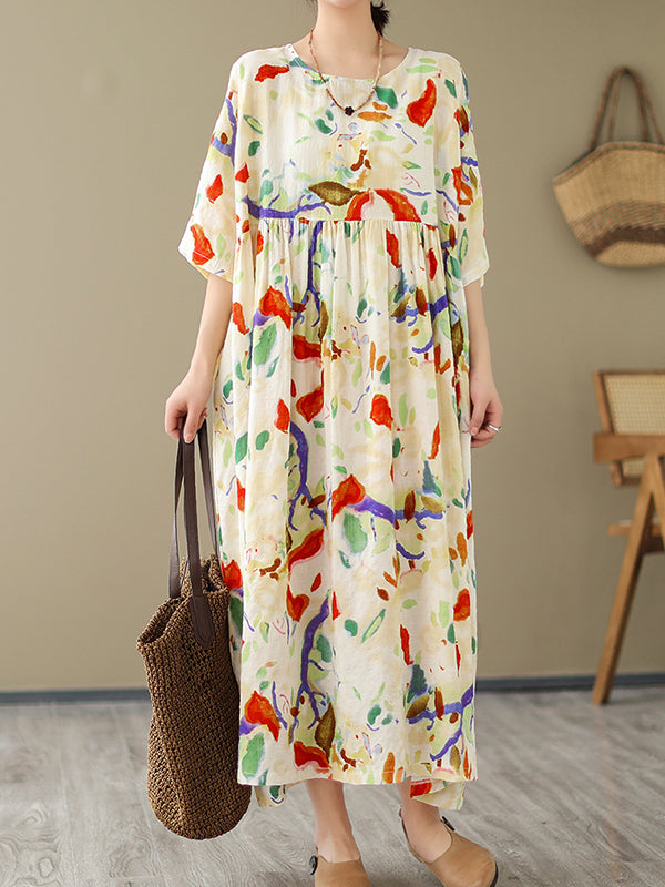 Printed Oversize Puff Sleeves Round-Neck Midi Dresses