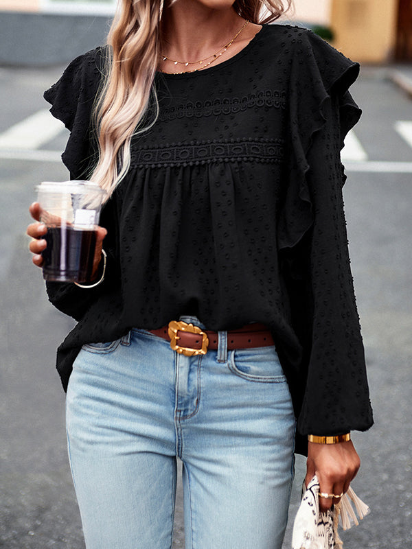 Hollow Jacquard Solid Color Split-Joint Loose Puff Sleeves Round-Neck T-Shirts