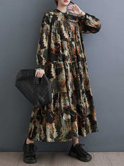 Pleated Printed Split-Joint A-Line Long Sleeves Round-Neck Midi Dresses