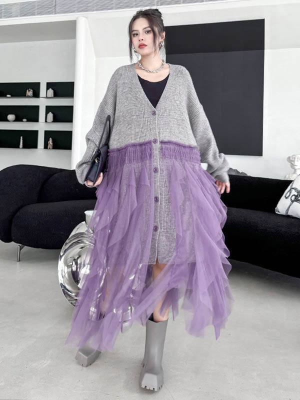 Buttoned Contrast Color Mesh Pleated Ribs Split-Joint High-Low Irregularity Collarless Outerwear Cardigan Tops