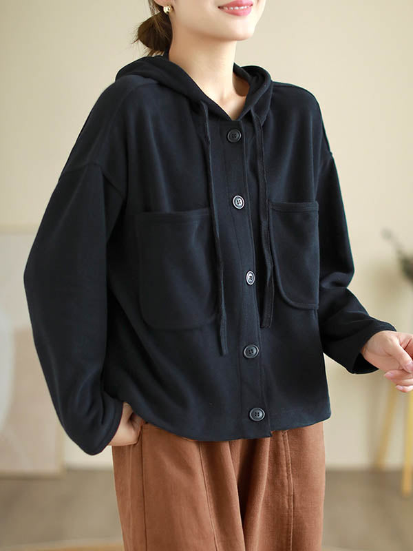 Buttoned Drawstring Pockets Solid Color Hooded Long Sleeves Outerwear