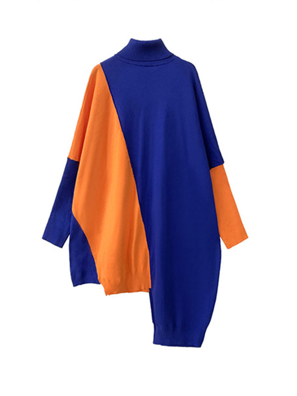 Asymmetric Contrast Color Split-Joint Batwing Sleeves Hipster High-neck Sweater Dresses Midi Dresses