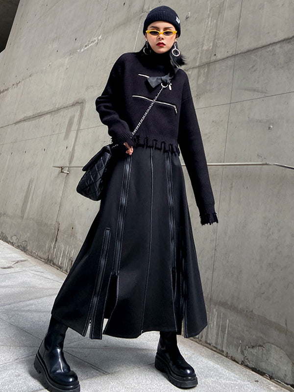 Solid Color Split-Joint Split-Side Zipper A-Line Irregularity Skirts Bottoms