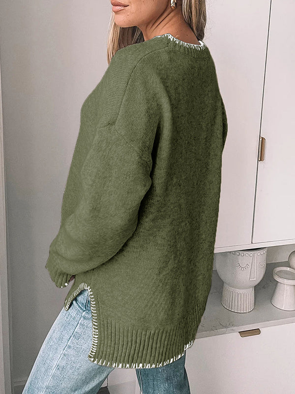 Split-Joint Split-Side High-Low Long Sleeves Round-Neck Sweater Tops Pullovers