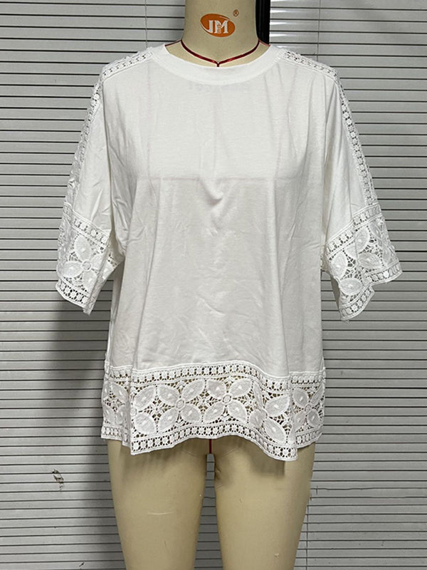 Hollow Solid Color Split-Joint Half Sleeves Loose Round-Neck T-Shirts