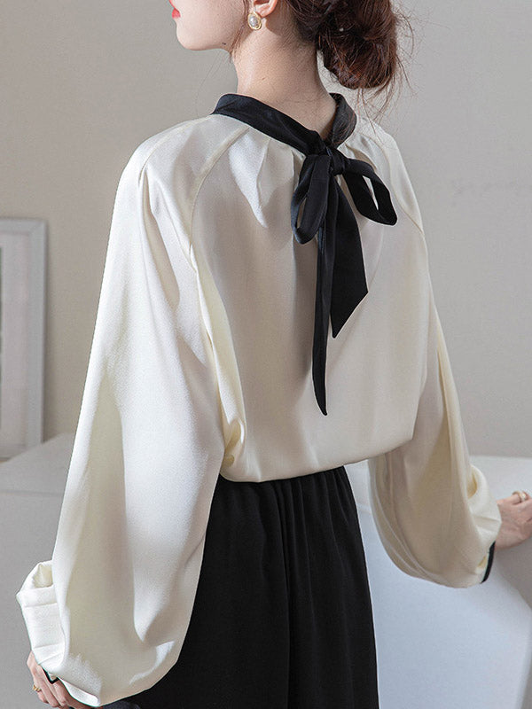 Contrast Color Pleated Split-Joint Loose Puff Sleeves Stand Collar Blouses