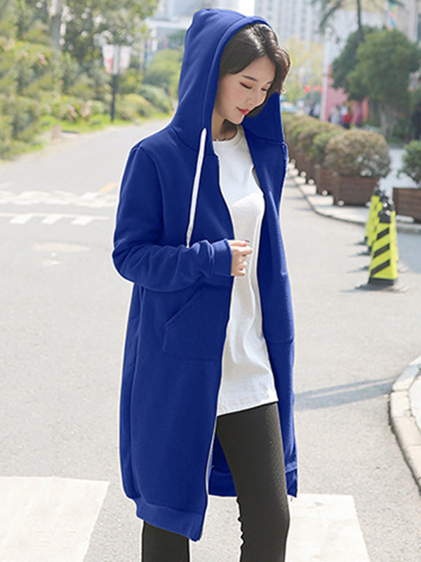 4Colors Drawstring Hooded Split-Joint Pocket Solid Color Zipper Outerwear