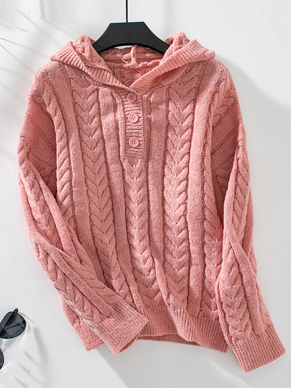 Buttoned Solid Color Split-Joint Hooded Long Sleeves Sweater Tops